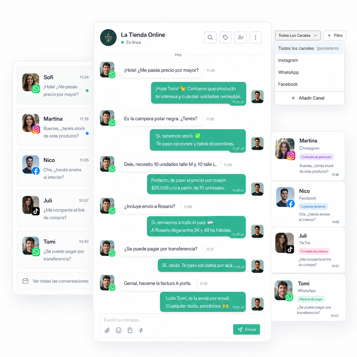 Bandeja unificada de conversaciones de WhatsApp, Instagram, Facebook y TikTok con el agente de IA de Disruptiva