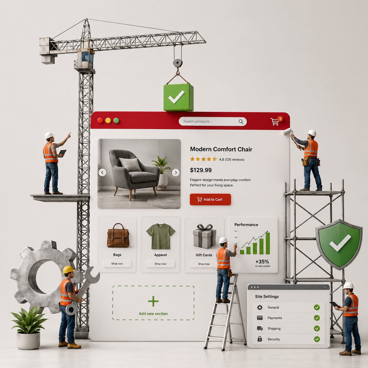 Ilustración de un equipo construyendo un sitio de ecommerce, pieza por pieza