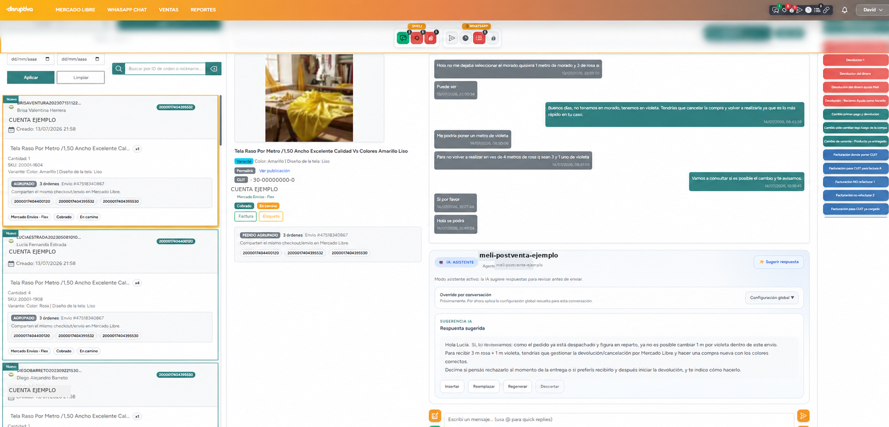 Pantalla real de postventa en DGT, con la conversación y la sugerencia de respuesta de la IA