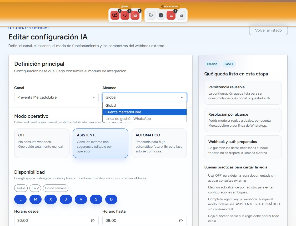 Pantalla real de edición de configuración de IA en DGT: canal, alcance y modo operativo