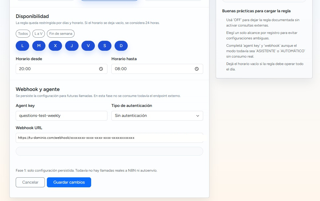 Pantalla real de configuración de disponibilidad, webhook y agente en DGT