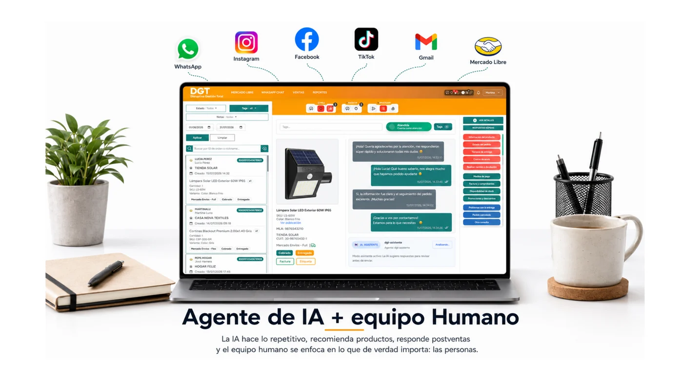 DGT, la plataforma de Disruptiva, conectada a WhatsApp, Instagram, Facebook, TikTok, Gmail y Mercado Libre